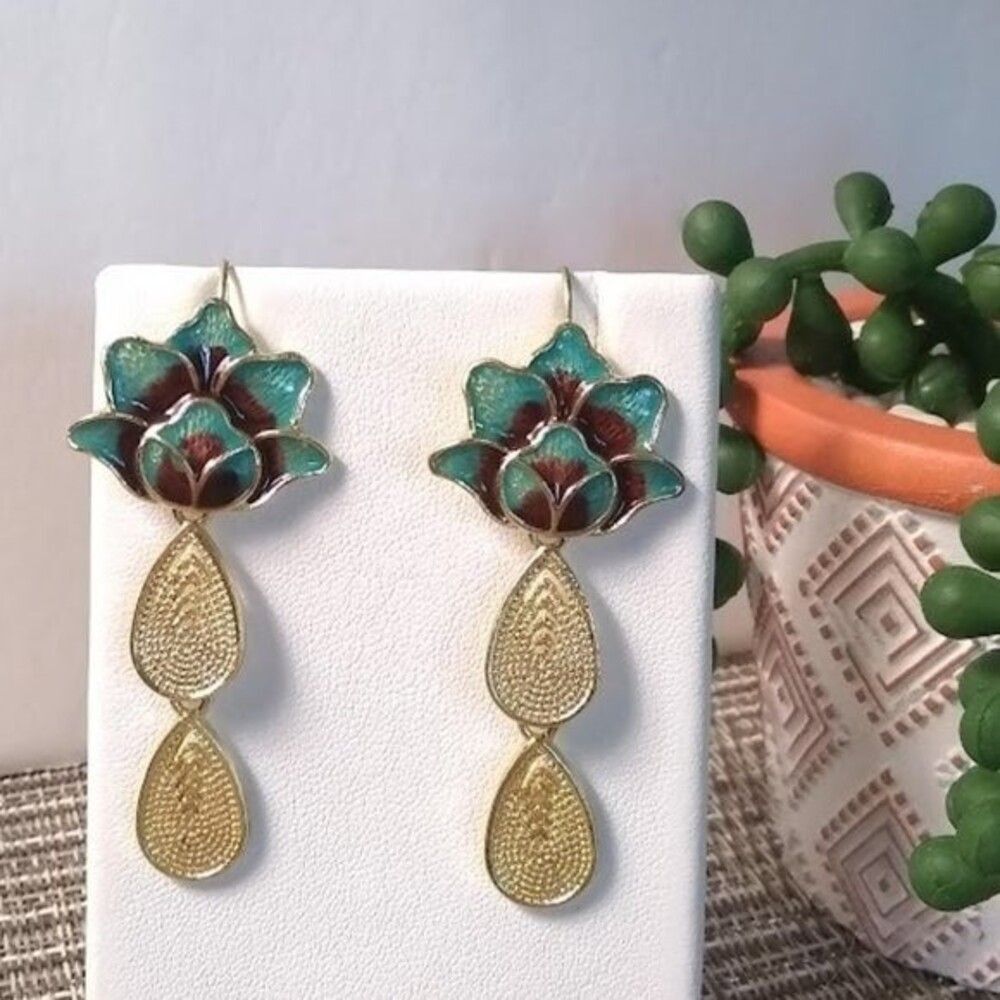 Green and Golden Tropical Flower Drop Earrings
